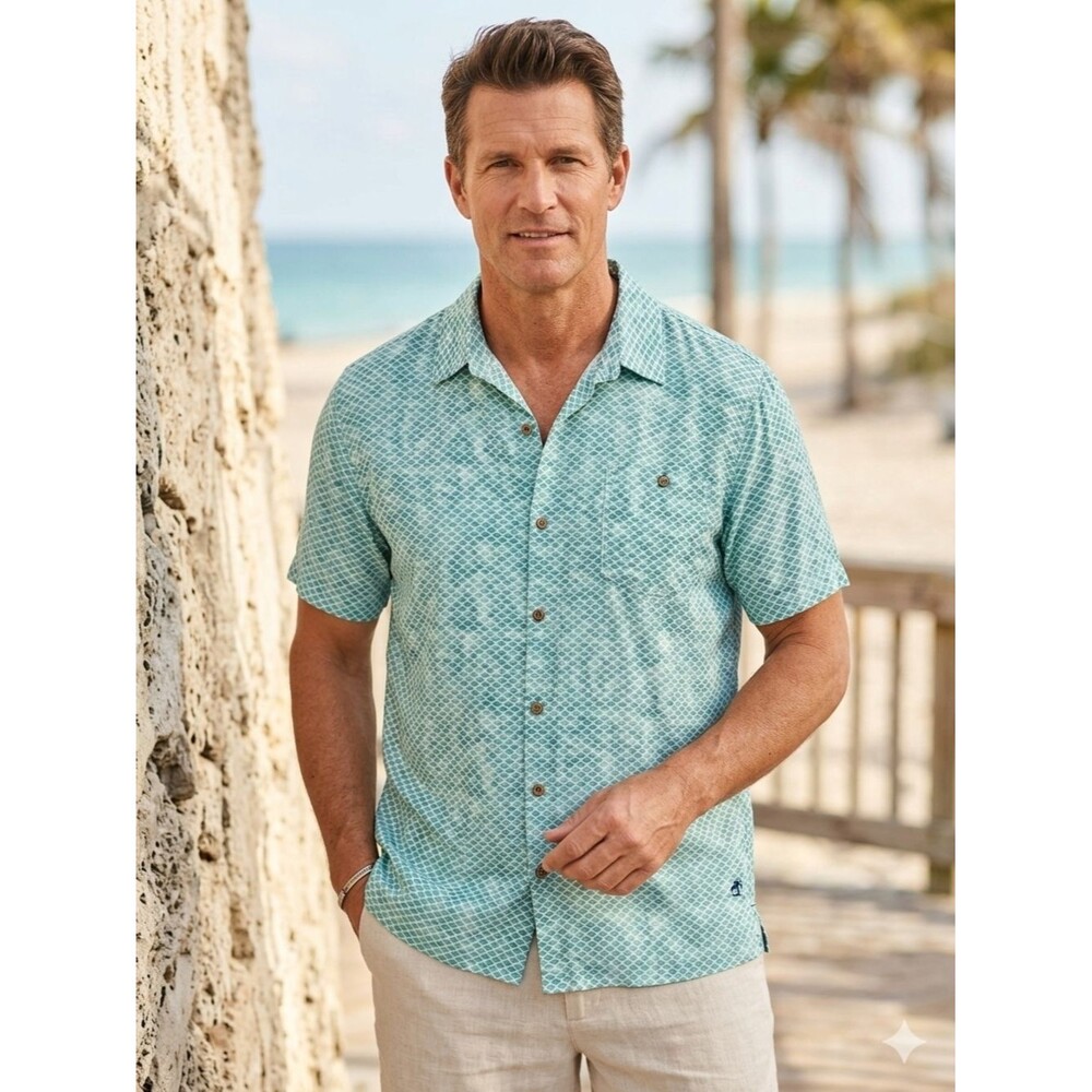 Caribbean Joe XXL Green Geo Print Viscose Short Sleeve Button Down Shirt